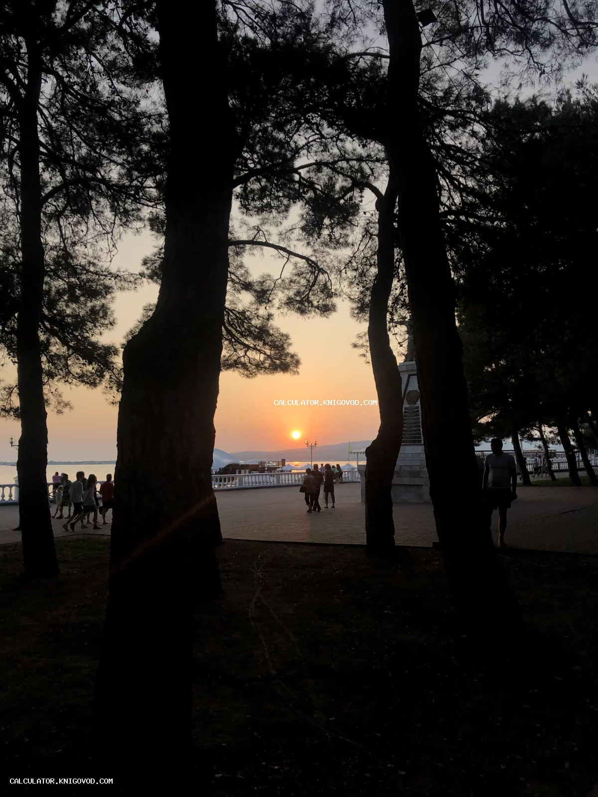 Силуэты темных сосен на переднем плане, за которыми виден оранжевый закат над морем и прогуливающиеся люди на набережной.