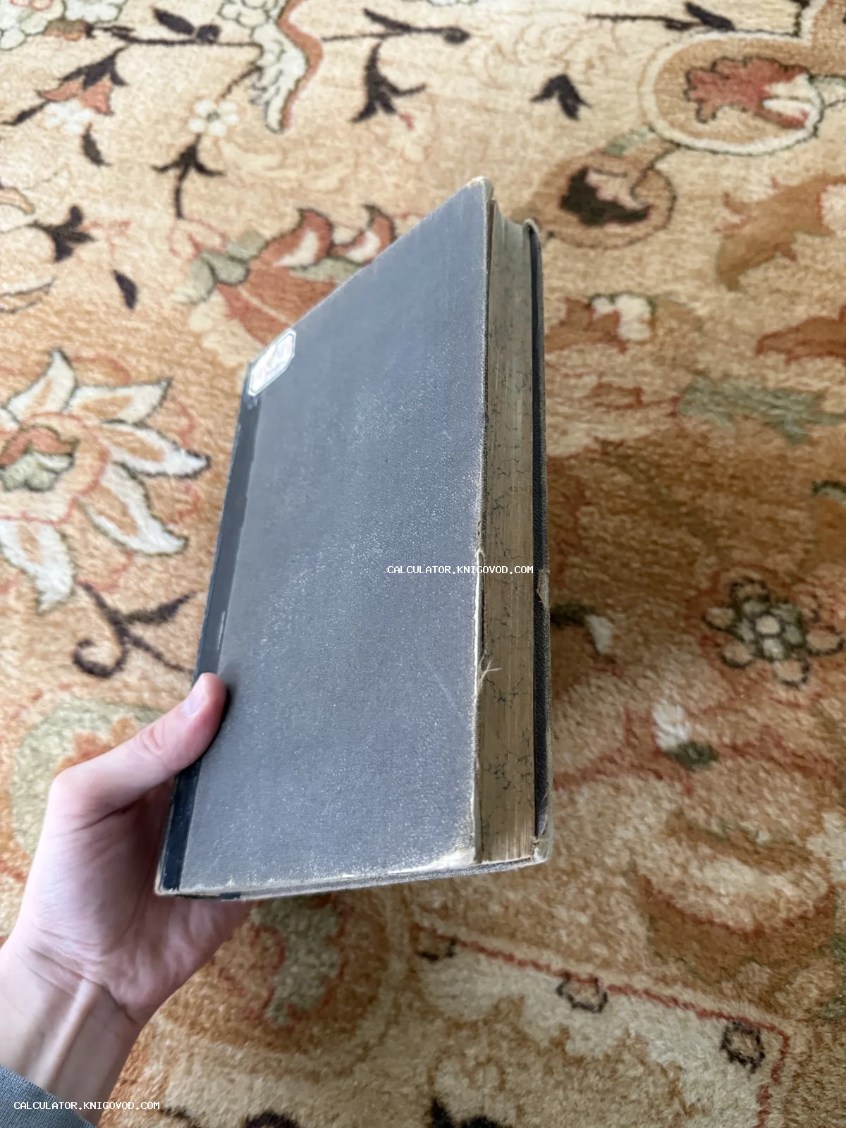 Старая книга в сером тканевом переплете с мраморным обрезом в руке на фоне ковра.