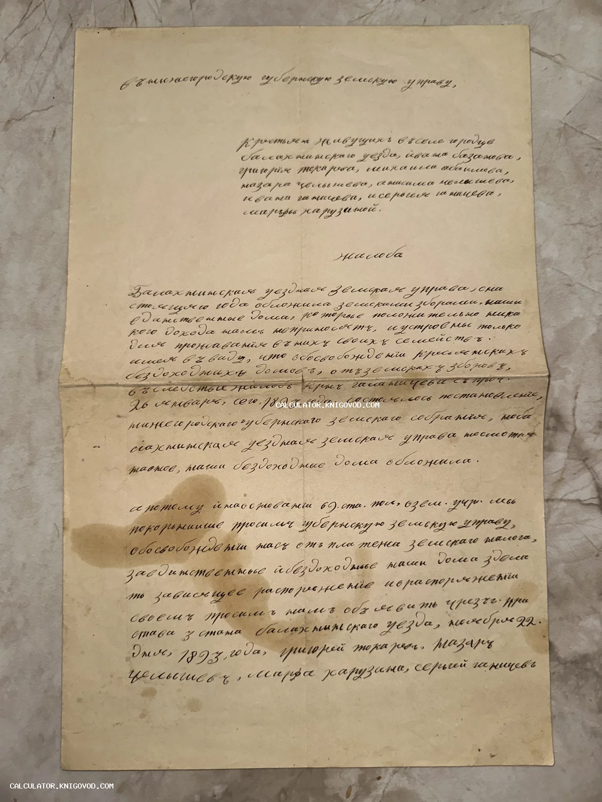 Рукописный документ 1893 года — коллективная жалоба крестьян в Нижегородскую земскую управу на пожелтевшей бумаге.