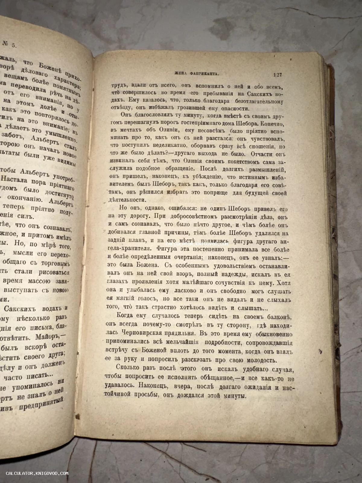 Разворот старинной книги с текстом на дореволюционном русском языке, страница номер 127 с заголовком Жена фабриканта.