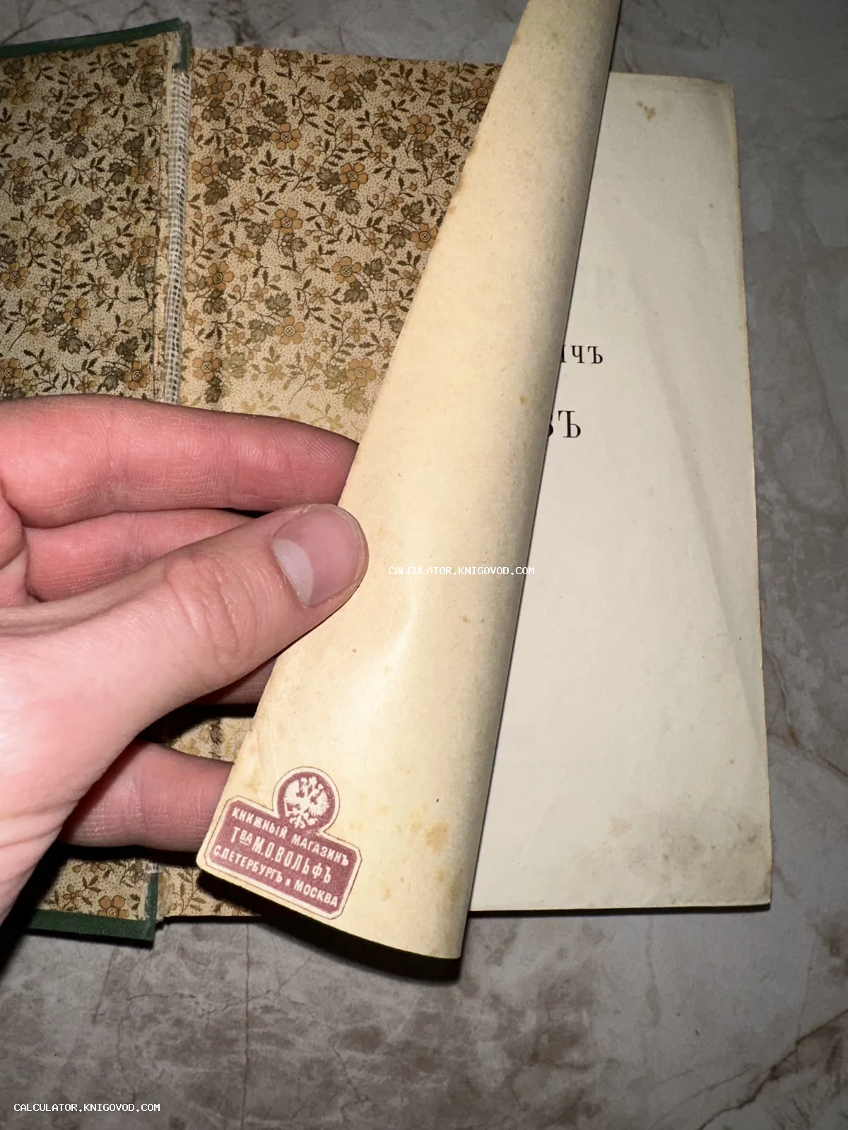 Разворот старинной книги с цветочным орнаментом на форзаце и печатью книжного магазина М. О. Вольфа.