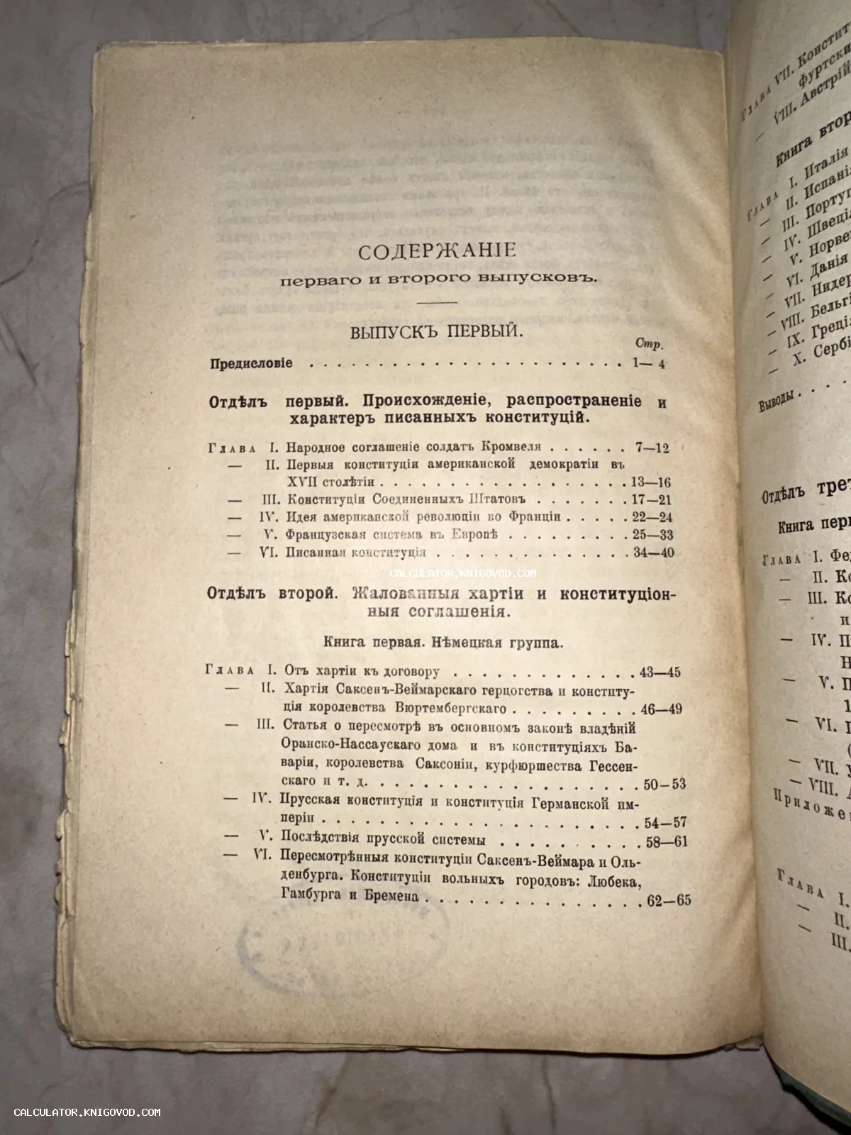 Страница оглавления старинной книги с текстом на дореволюционном русском языке, описывающая главы о конституциях.
