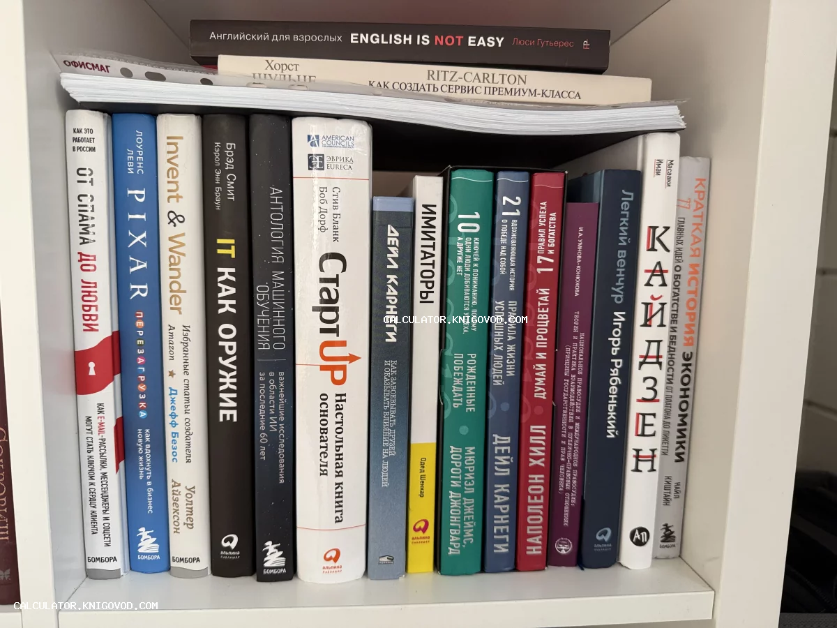 Книжная полка с подборкой современных книг по бизнесу, маркетингу, искусственному интеллекту и личной эффективности.