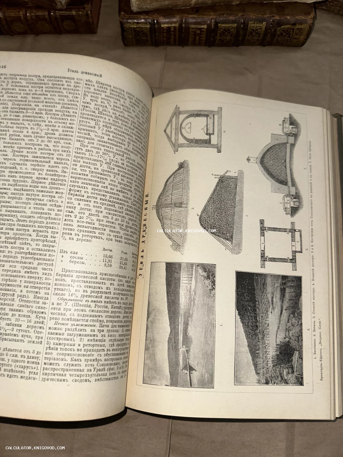 Разворот старинного тома энциклопедии Брокгауза и Ефрона со статьей и гравюрами, описывающими производство древесного угля.