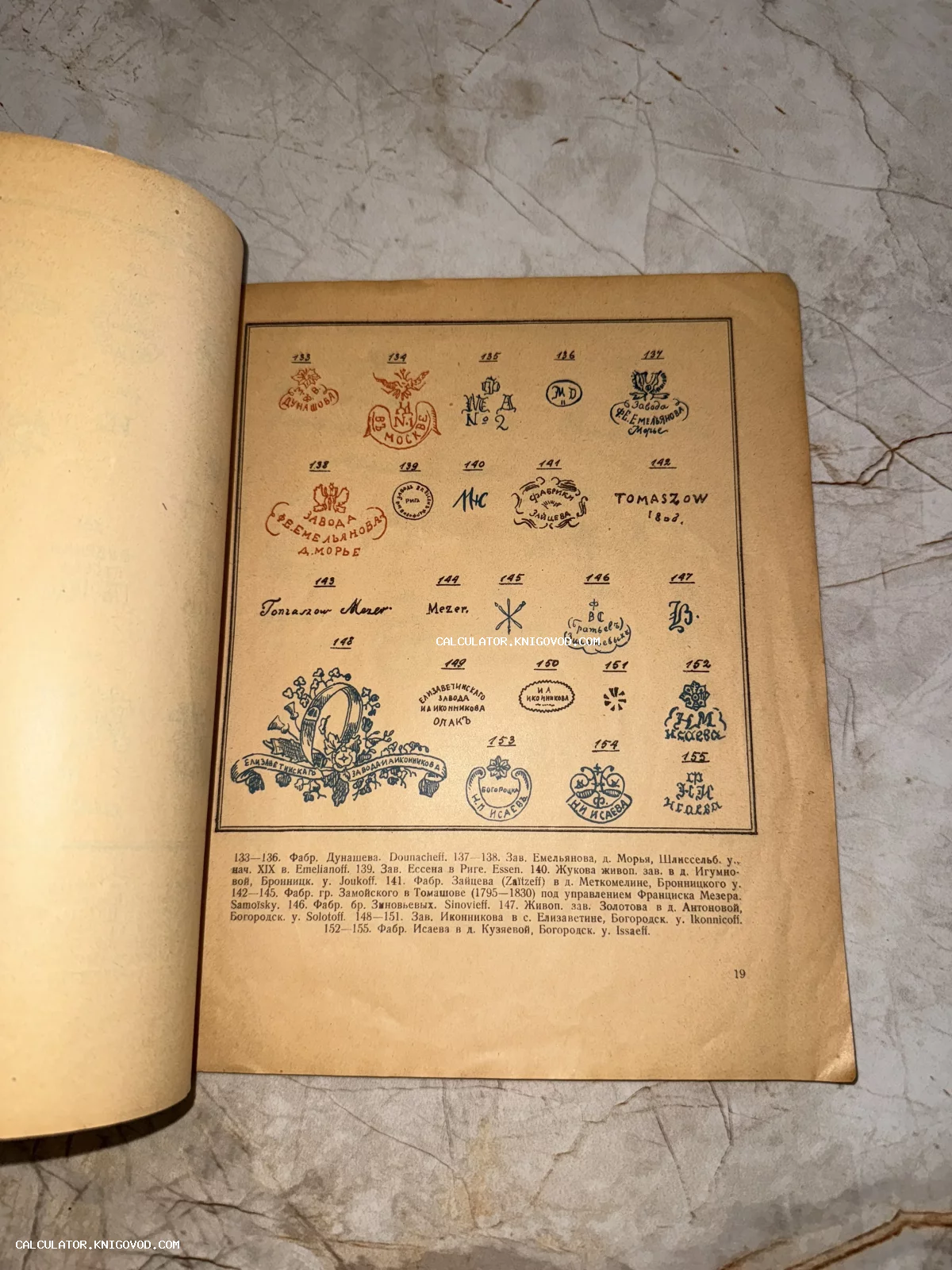 Страница старинной книги с изображениями и описаниями клейм российских фарфоровых и керамических мануфактур XIX века.