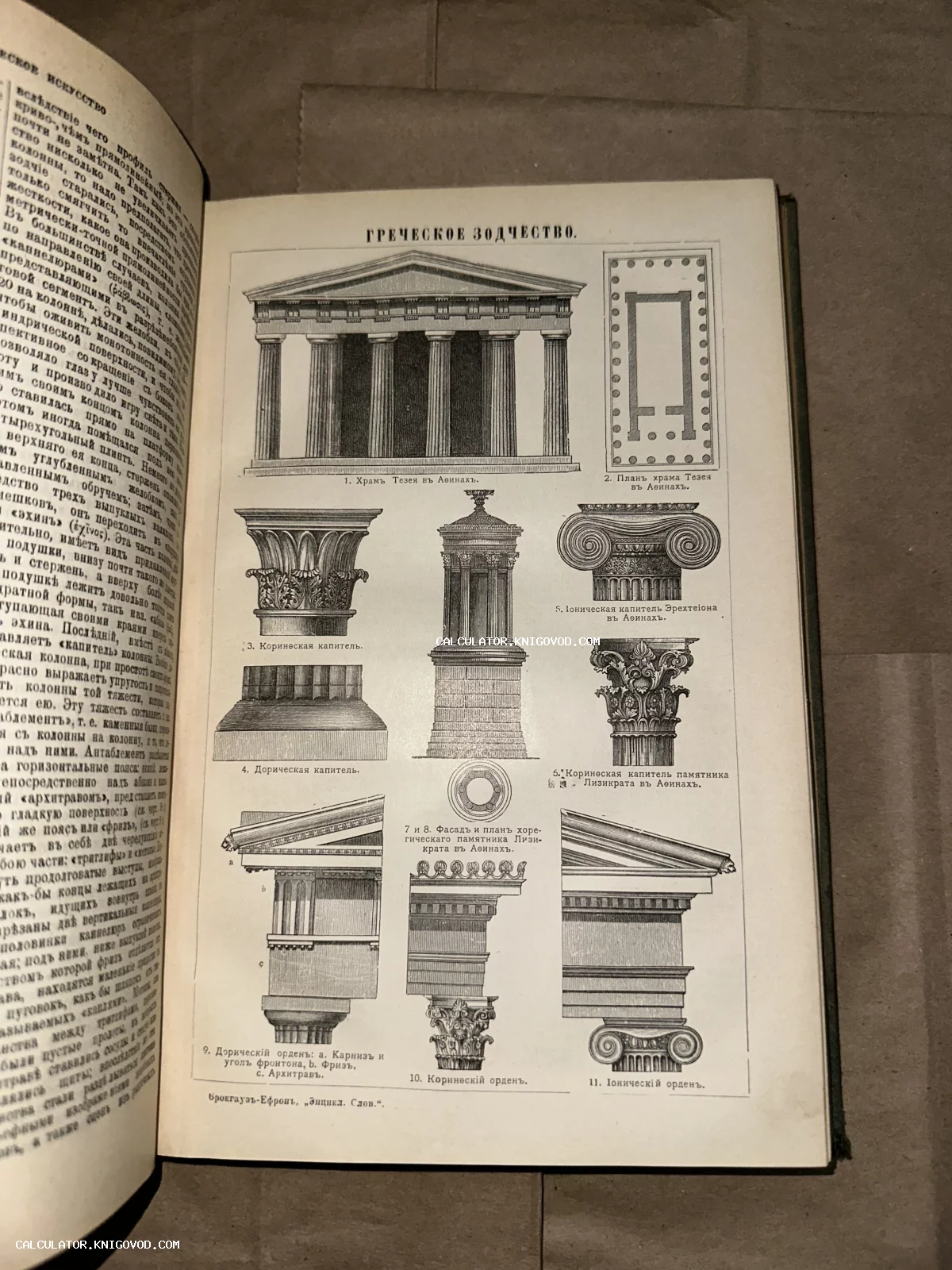 Разворот антикварной книги с гравированным листом, посвященным древнегреческой архитектуре, включая изображения колонн, капителей и планов храмов.