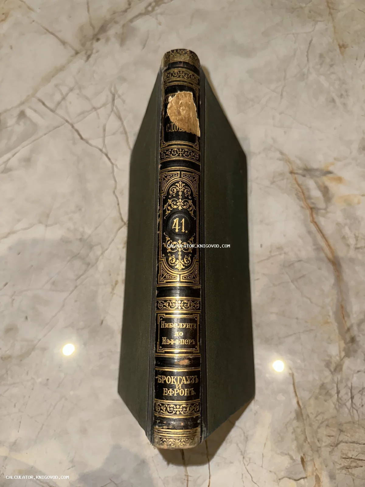 Корешок антикварной книги 41 тома словаря Брокгауза и Ефрона с золотым тиснением на мраморной поверхности