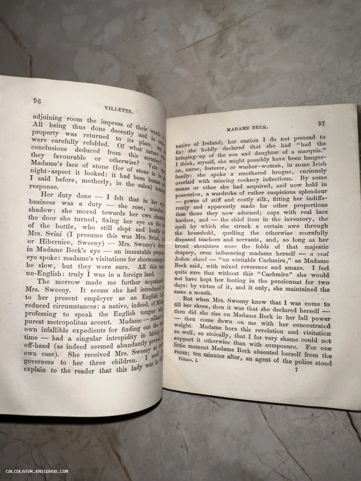 Разворот старинной книги на английском языке, страницы 96 и 97 романа Villette Шарлотты Бронте с главой Madame Beck.