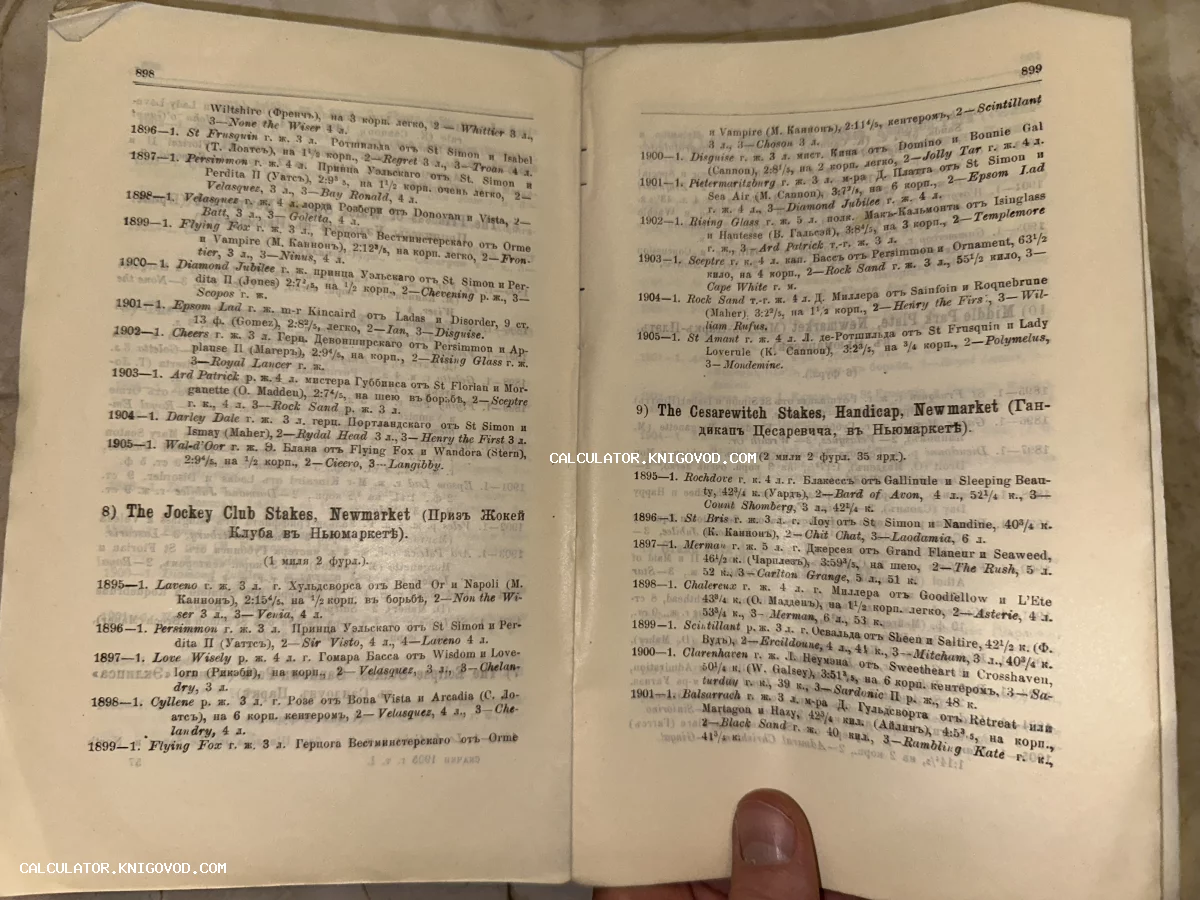 Разворот старинной книги со списками победителей скачек в Ньюмаркете за 1895-1905 годы.