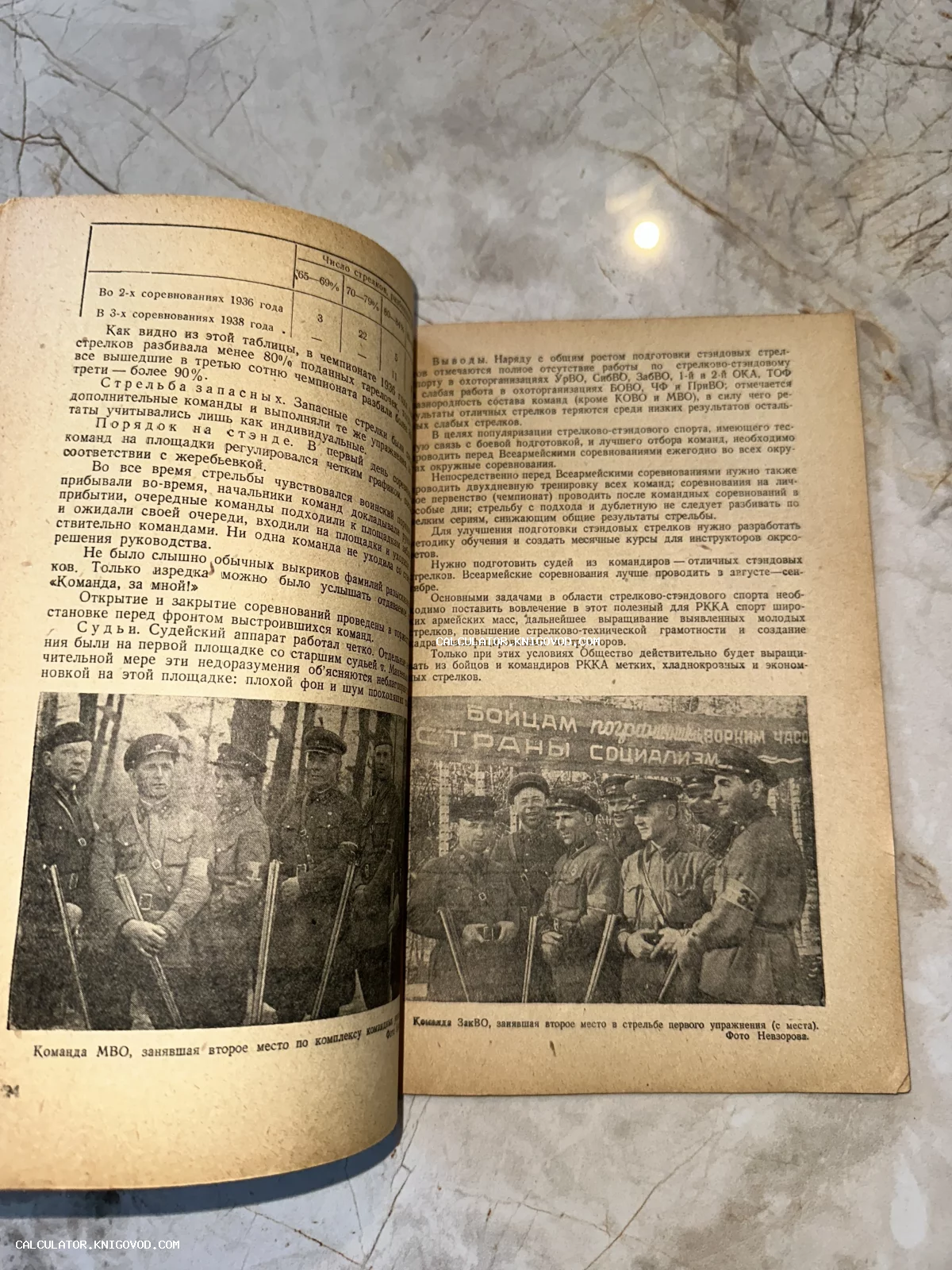 Разворот старой советской книги с текстом и черно-белыми фотографиями бойцов РККА с винтовками.