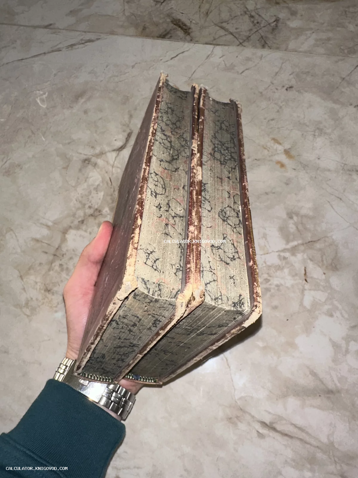 Рука держит два массивных старинных тома в потертых переплетах с характерным мраморным узором на боковом обрезе страниц.