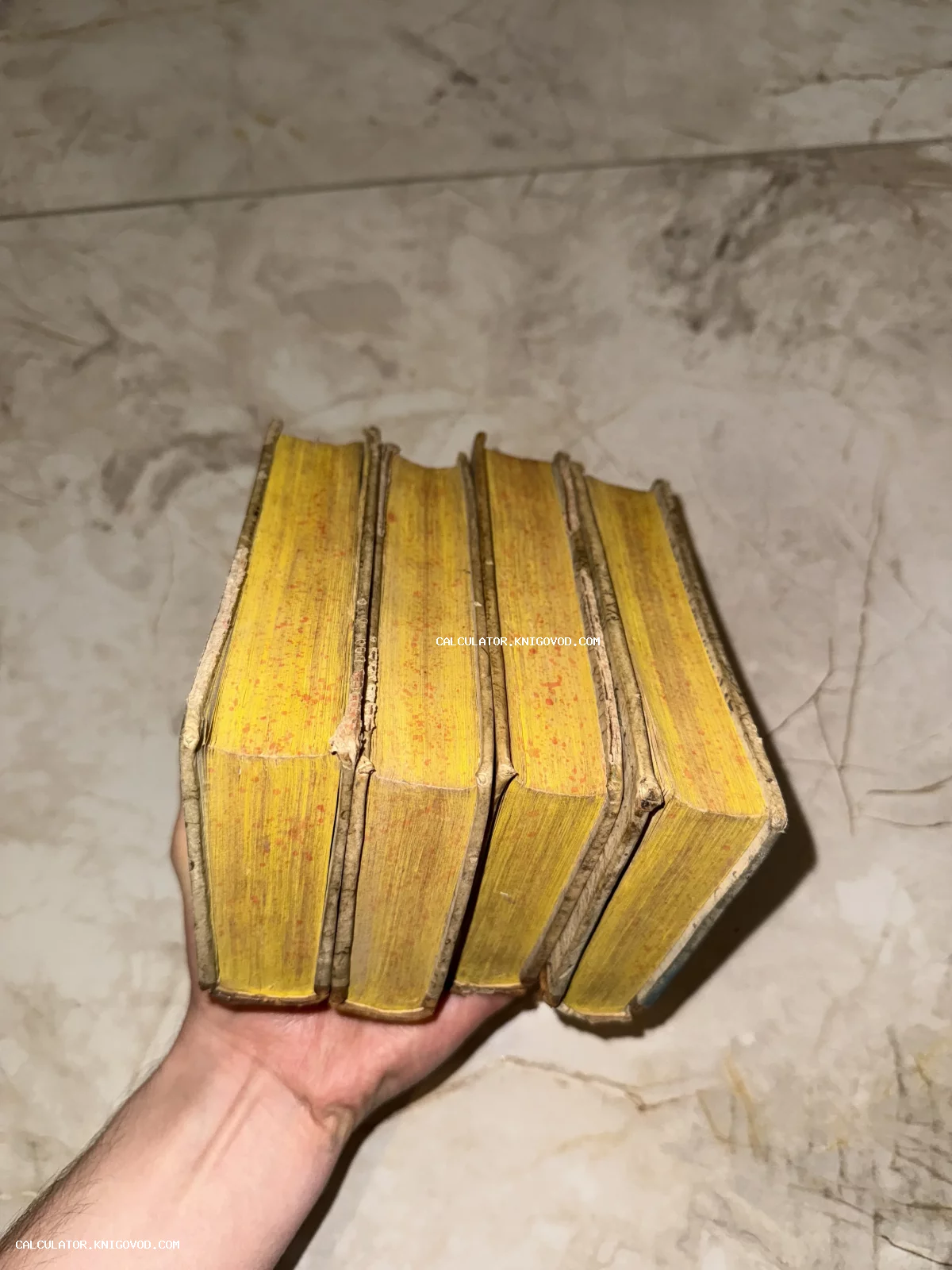 Четыре старинные книги в руке, вид сверху на пожелтевшие обрезы страниц с красным крапом.