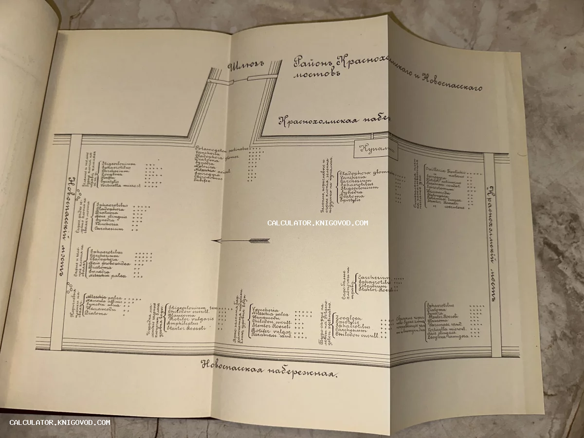 Старинная складная карта-схема участка Москвы-реки между Краснохолмским и Новоспасским мостами с перечнем микроорганизмов.