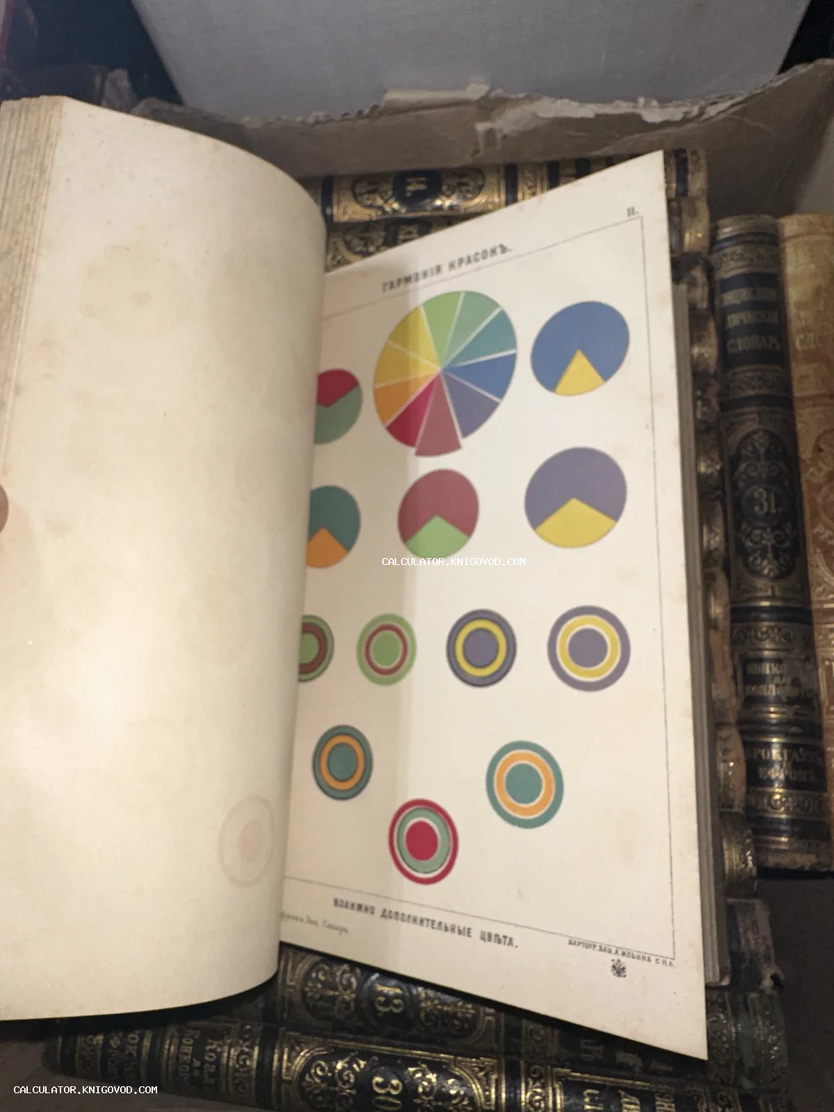 Разворот старинной книги с цветными диаграммами теории цвета на фоне золоченых книжных корешков.