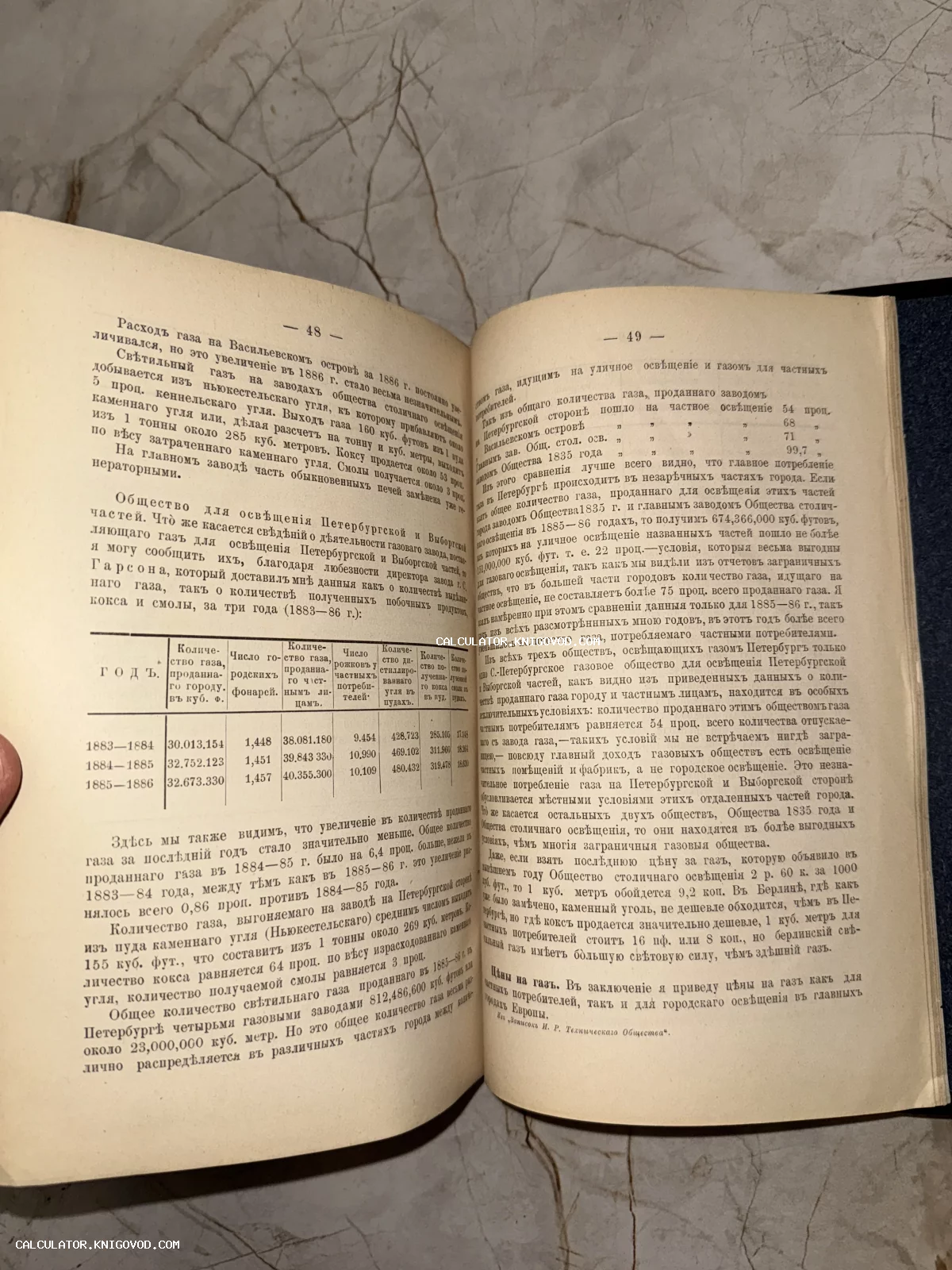 Разворот старинной книги со страницами 48 и 49, содержащий текст и таблицу о расходе газа на Васильевском острове в 1883-1886 годах.