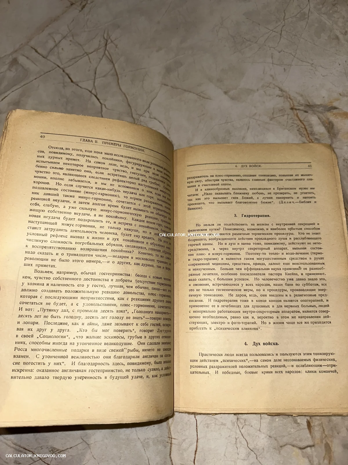 Разворот старинной книги с главами о примерах гармонии, гидротерапии и психологии на русском языке.