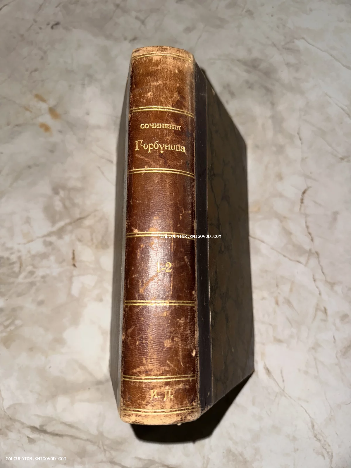 Корешок антикварной книги в кожаном переплете с золотым тиснением: Сочинения Горбунова, тома 1 и 2.