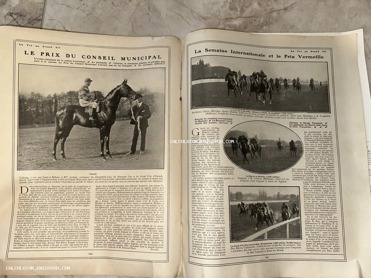 Разворот антикварного журнала на французском языке с черно-белыми фотографиями лошадей и репортажем о скачках.