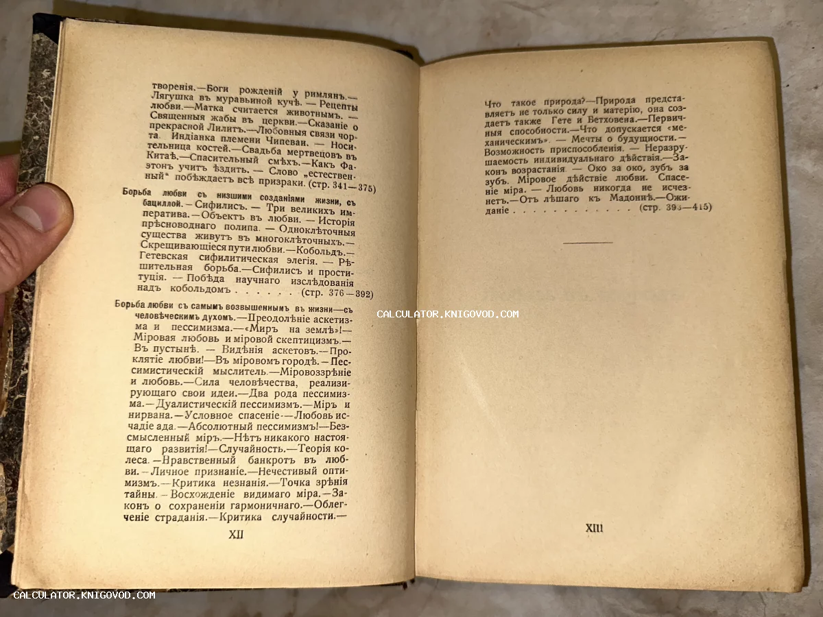 Фотография открытой антикварной книги с оглавлением на дореволюционном русском языке, пожелтевшие страницы.