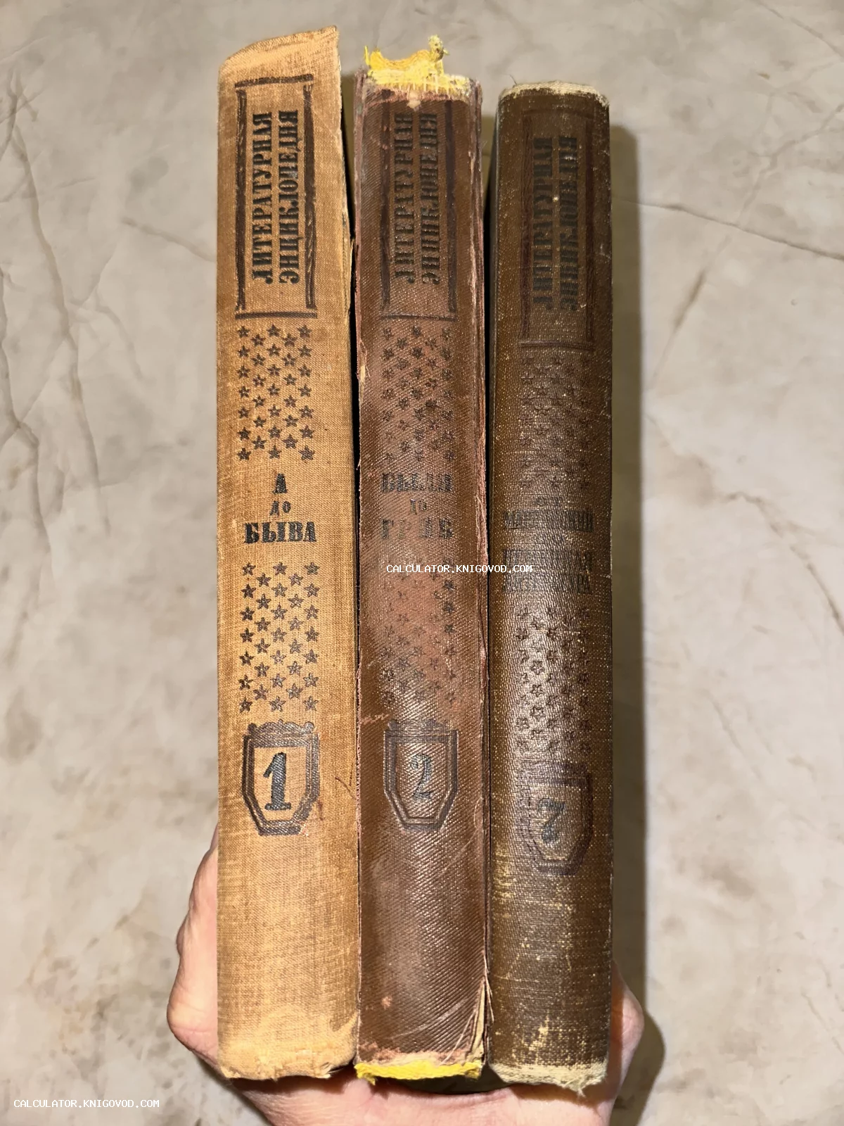 Три старинных тома Литературной энциклопедии в тканевом переплете, вид на корешки книг.