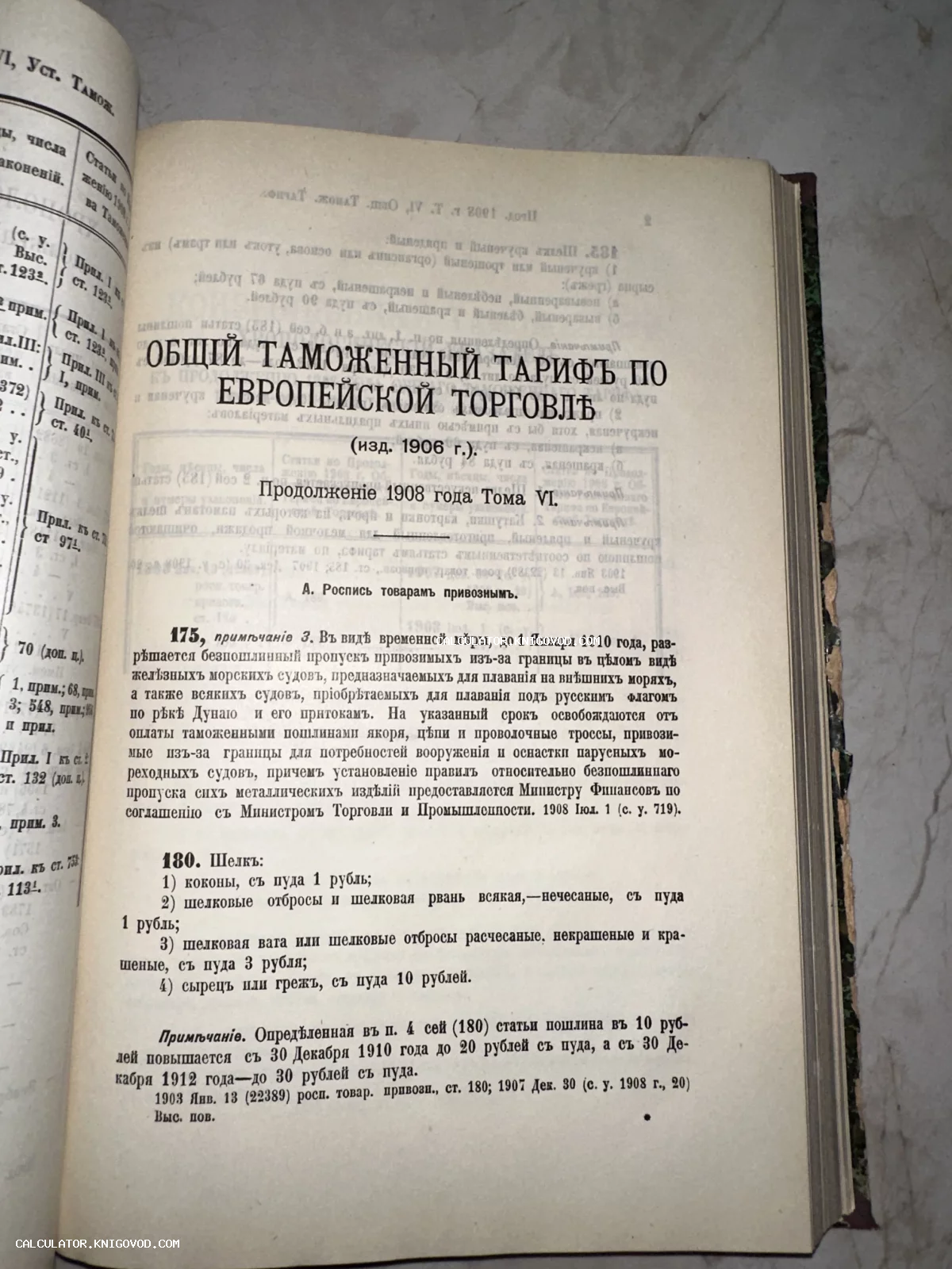 Разворот старинной книги 1908 года с заголовком Общий таможенный тариф по европейской торговле и текстом о ввозных пошлинах на шелк.