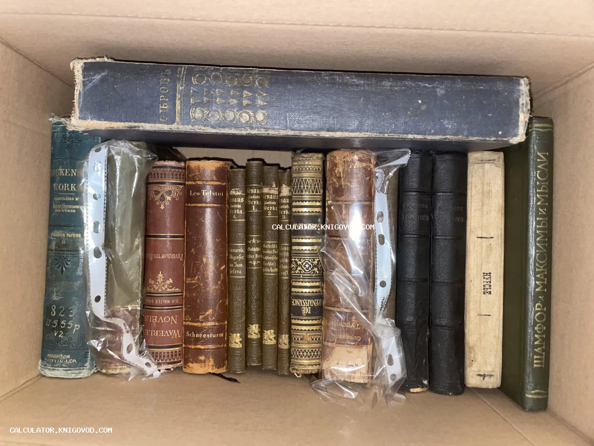 Коллекция старинных книг в картонной коробке, включая издания Диккенса, Толстого, Тургенева и Вальтера Скотта с золотым тиснением на корешках.