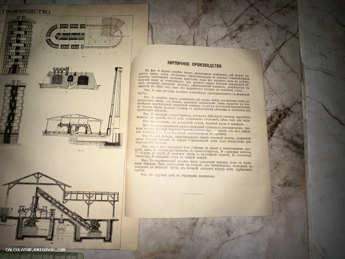 Разворот антикварной книги с техническими чертежами кирпичных печей и пояснительным текстом на дореволюционном русском языке.