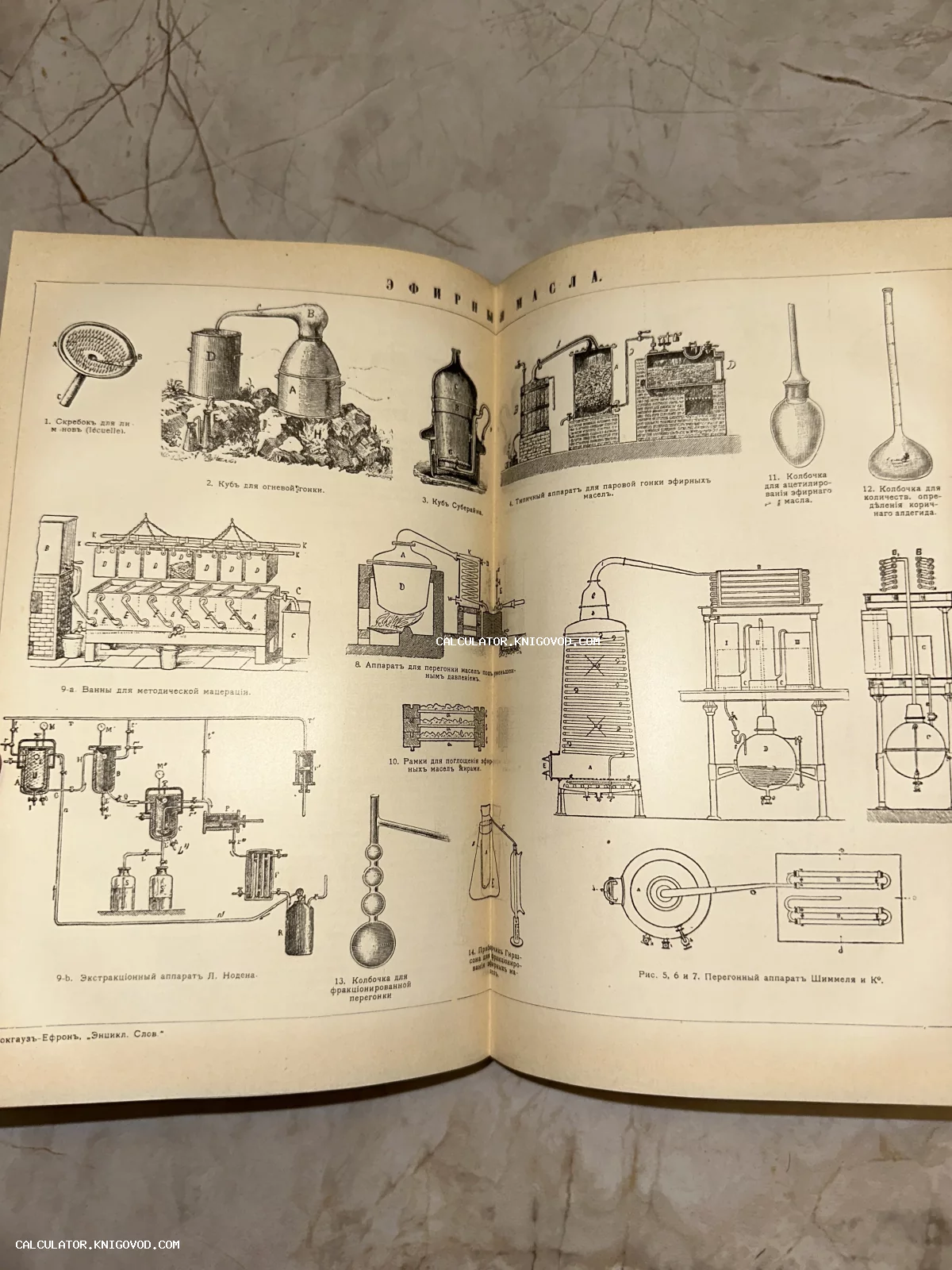 Разворот антикварной книги с техническими схемами аппаратов для дистилляции и производства эфирных масел.