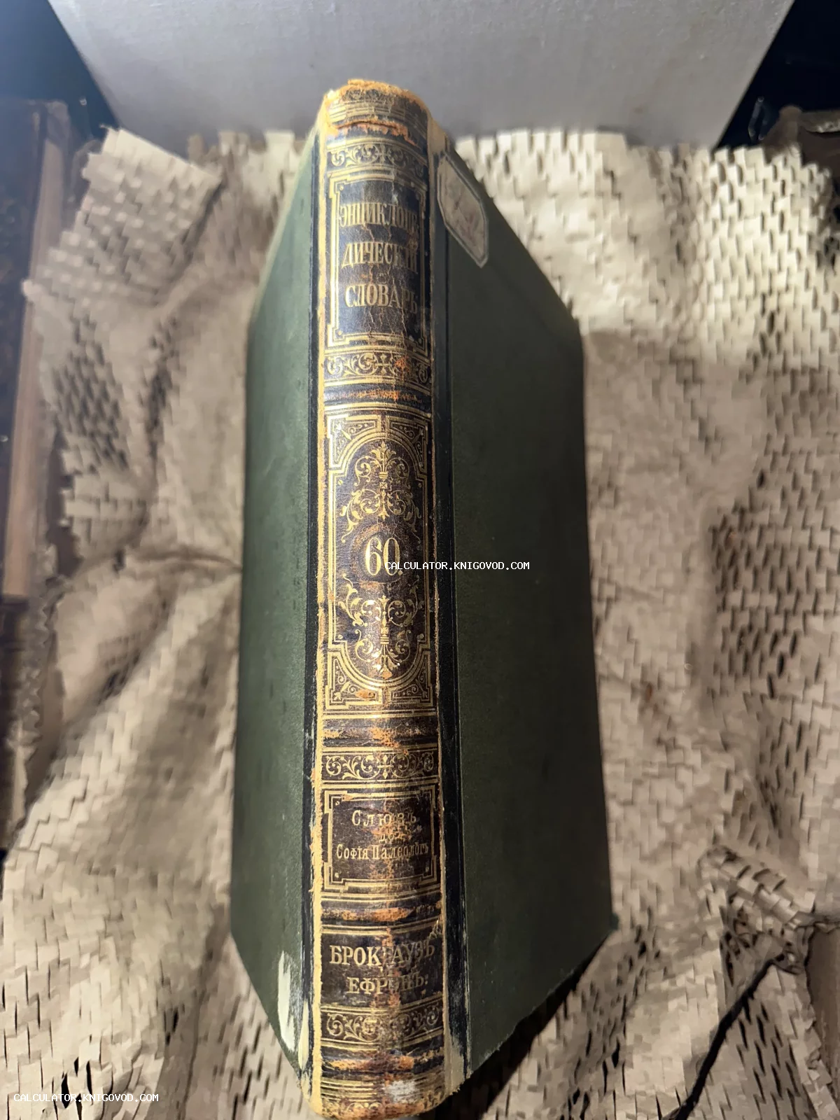 Корешок антикварной книги в темно-зеленом переплете с золотым тиснением и надписью Брокгауз Ефрон.