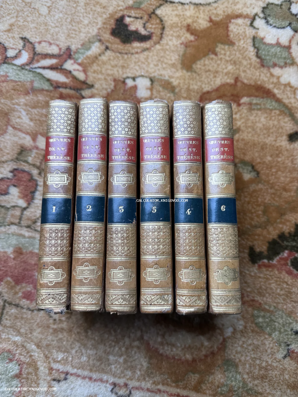Шесть старинных книг в кожаных переплетах с золотым тиснением и номерами томов на корешках, озаглавленные Oeuvres de St. Thérèse.