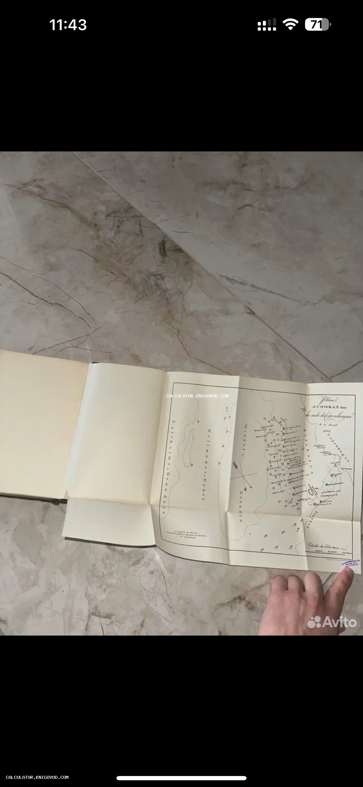 Старинная складная карта-схема морской битвы в гавани Копенгагена 1801 года на французском языке.