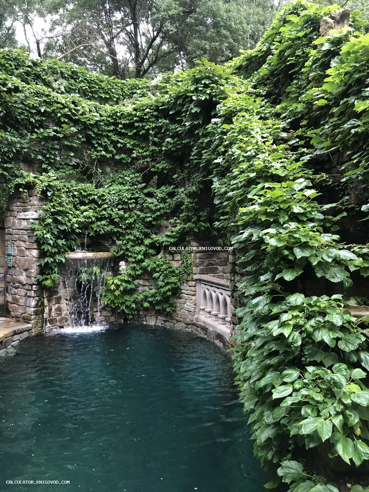 Каменный бассейн в гроте, окруженном стенами из дикого камня и густыми зарослями плюща, с небольшим каскадным водопадом.