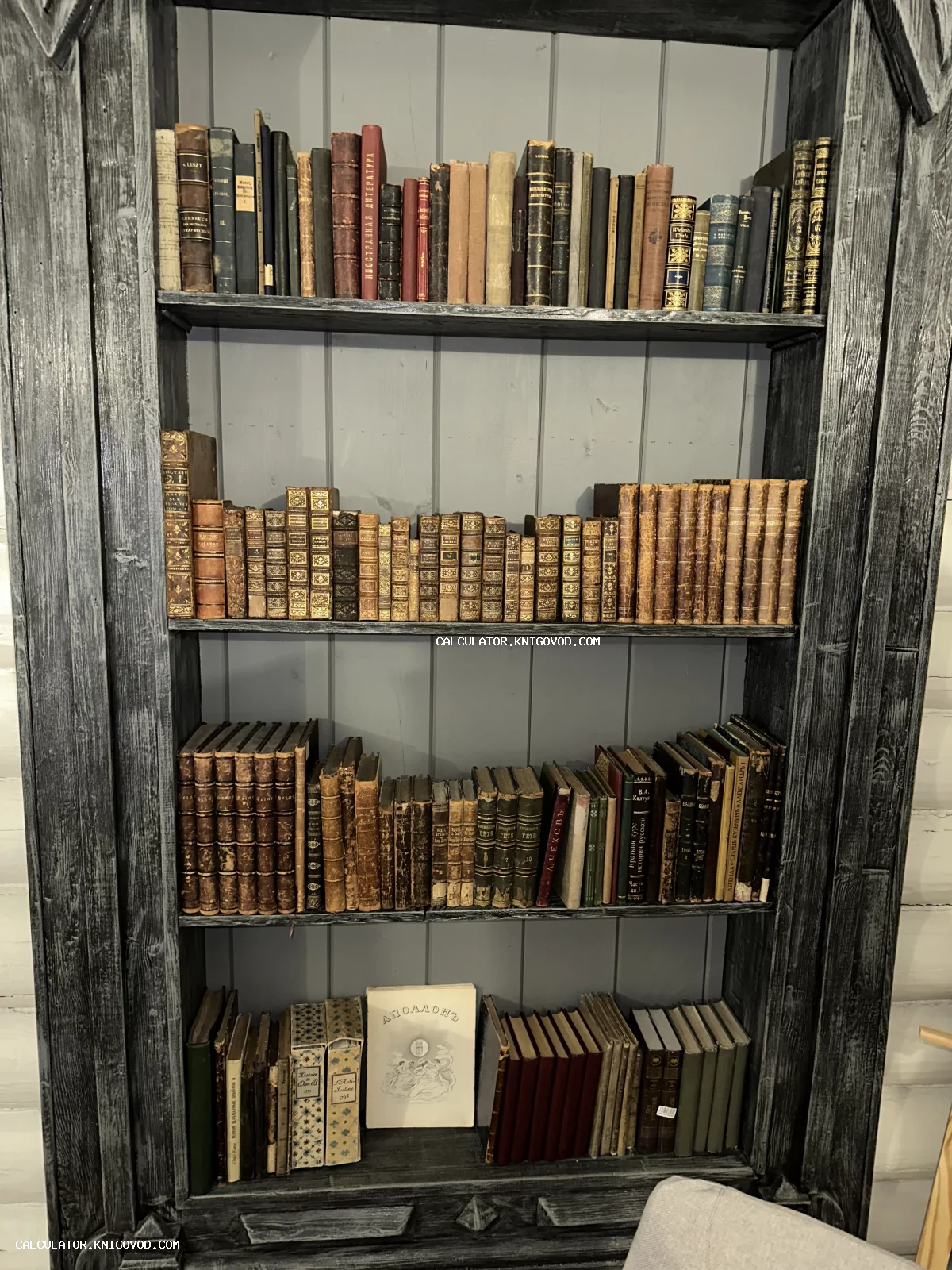 Четыре полки высокого деревянного стеллажа, плотно заполненные старинными книгами в кожаных и тканевых переплетах с золотым тиснением.