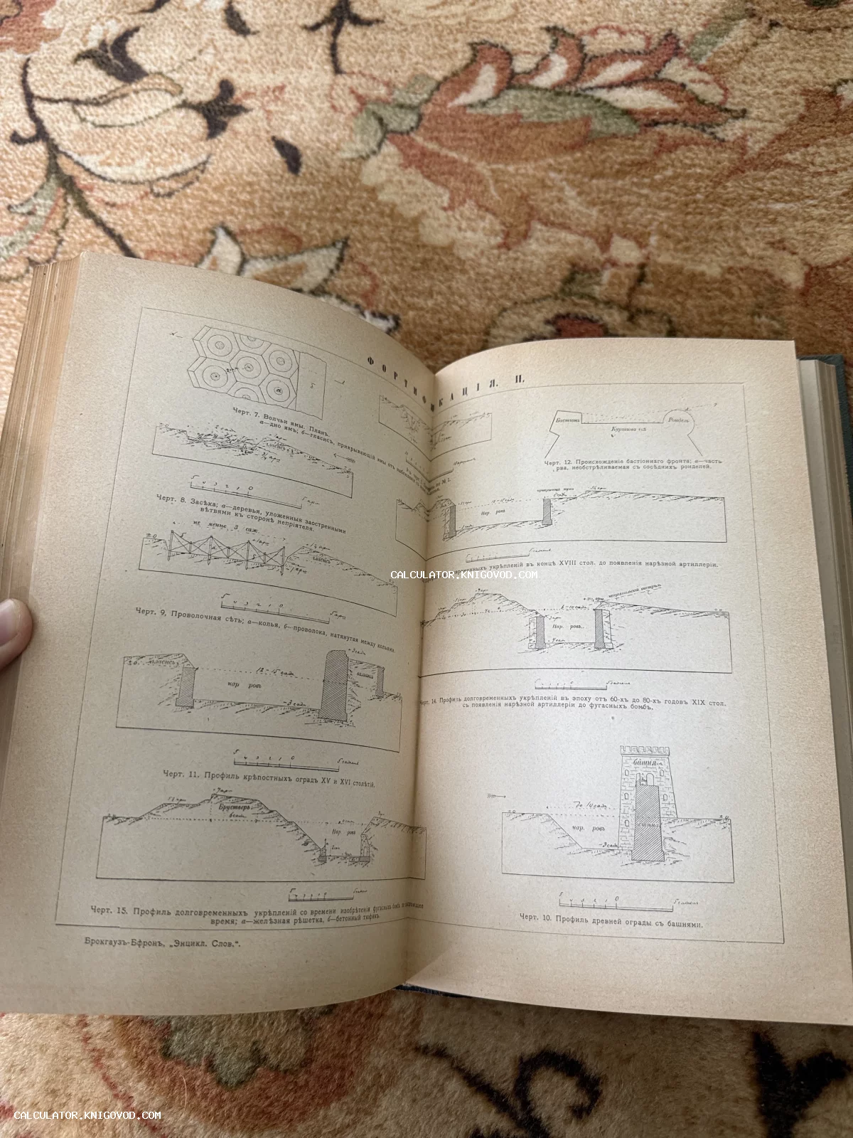 Разворот старинной энциклопедии с детальными чертежами и схемами фортификационных сооружений, рвов и башен.