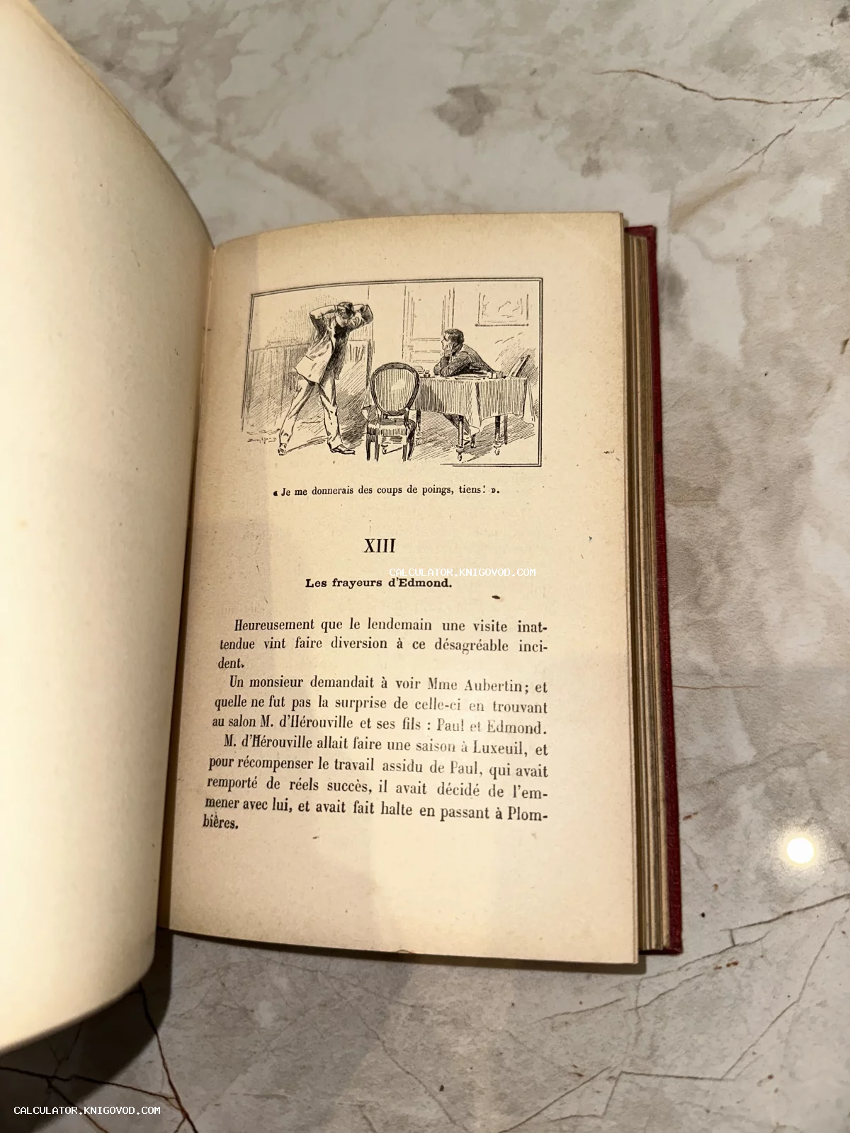 Разворот старинной книги на французском языке с черно-белой иллюстрацией двух мужчин в интерьере и текстом тринадцатой главы.