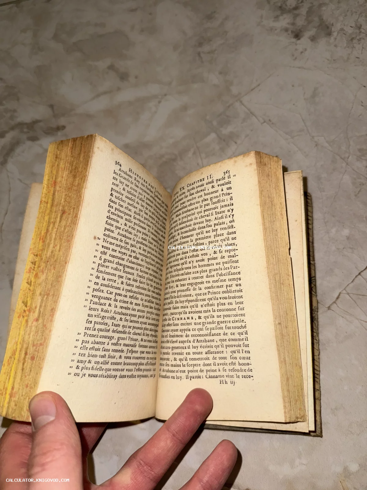 Разворот старинной книги с пожелтевшими страницами и французским текстом, которую держат в руках.