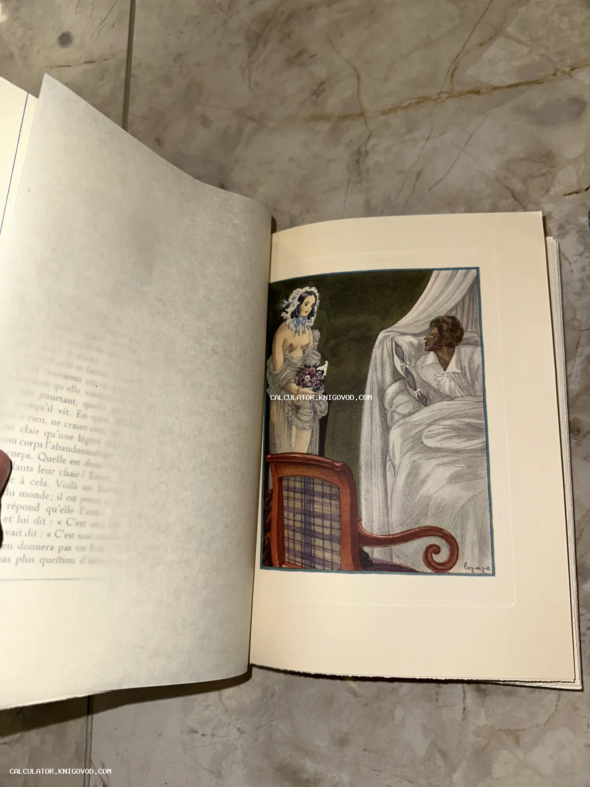 Цветная книжная иллюстрация в стиле ар-деко, изображающая даму с букетом цветов и мужчину в постели под балдахином, художник Жорж Лепап.