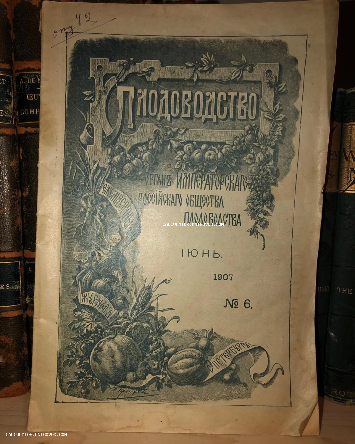 Обложка антикварного журнала «Плодоводство» №6 за 1907 год с литографическим изображением фруктов и овощей.
