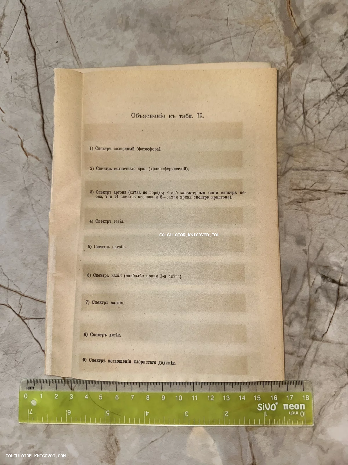 Старинная страница на пожелтевшей бумаге с дореволюционным текстом «Объяснение к табл. II» и списком спектров химических элементов.