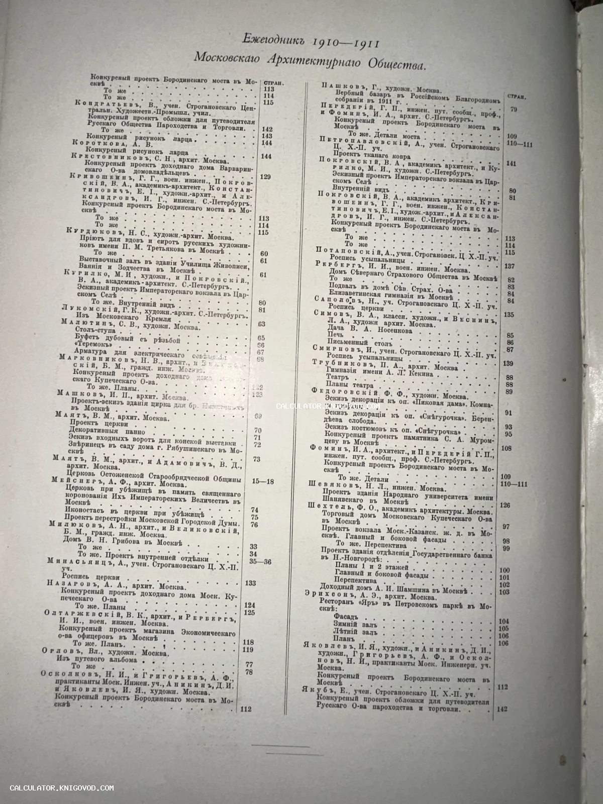 Страница оглавления антикварного архитектурного издания с именами известных архитекторов и названиями проектов начала XX века.