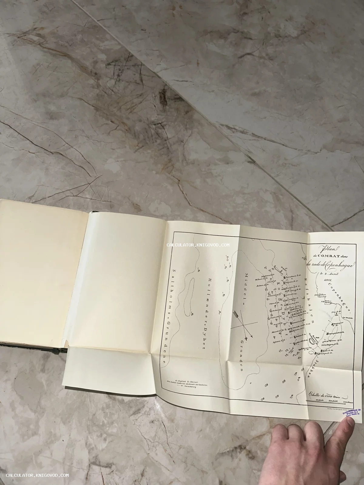 Раскладная антикварная карта-схема морского боя при Копенгагене 2 апреля 1801 года, вклеенная в книгу.