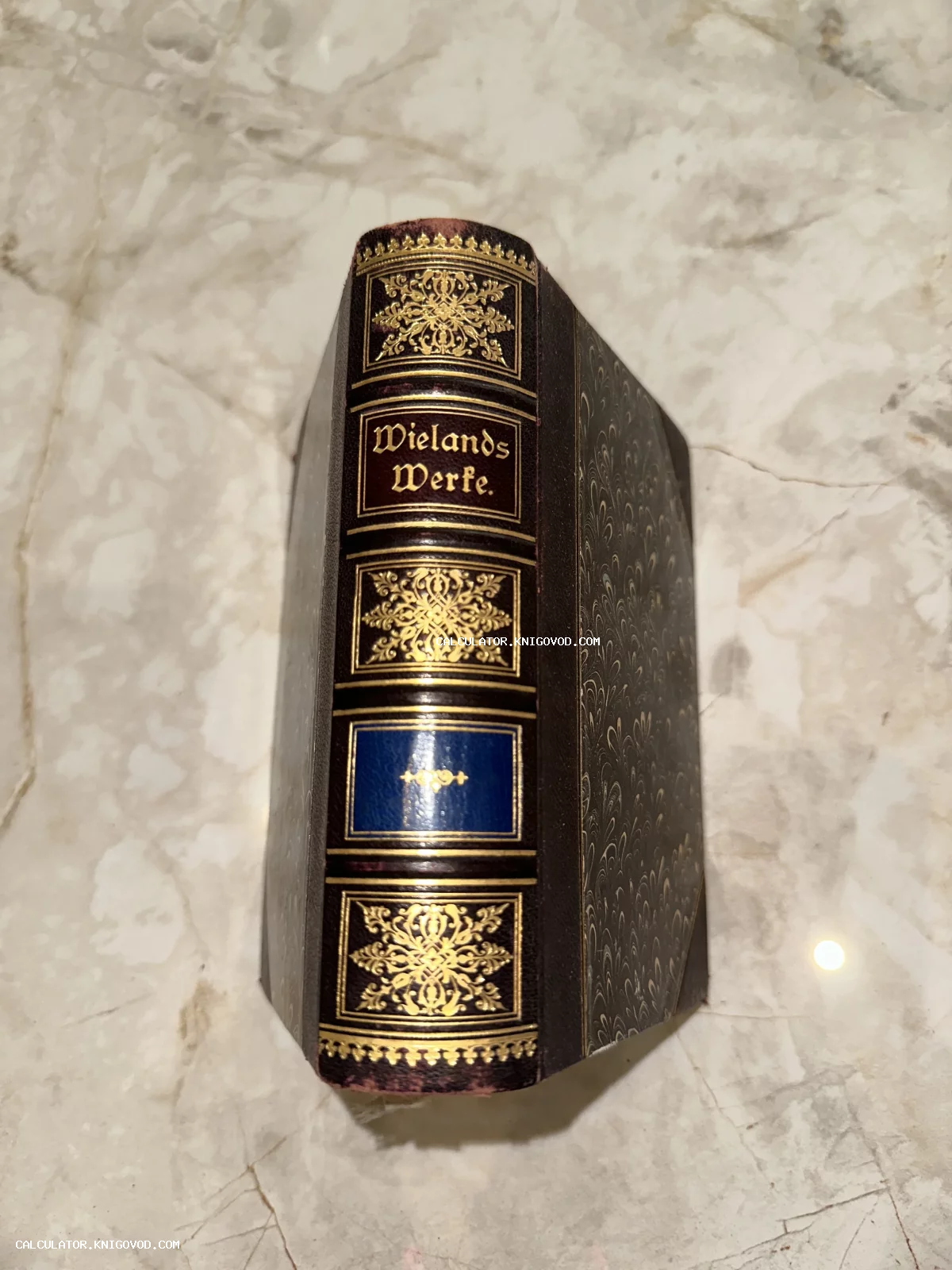 Корешок антикварной книги с золотым тиснением и надписью Wielands Werke, лежащей на мраморной поверхности.