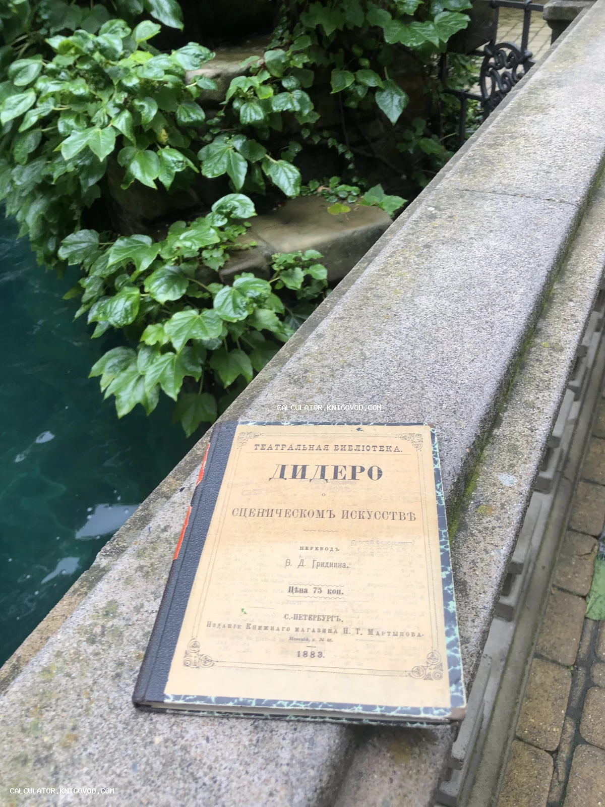 Антикварная книга «Дидеро о сценическом искусстве» 1883 года издания, лежащая на каменном парапете у воды.