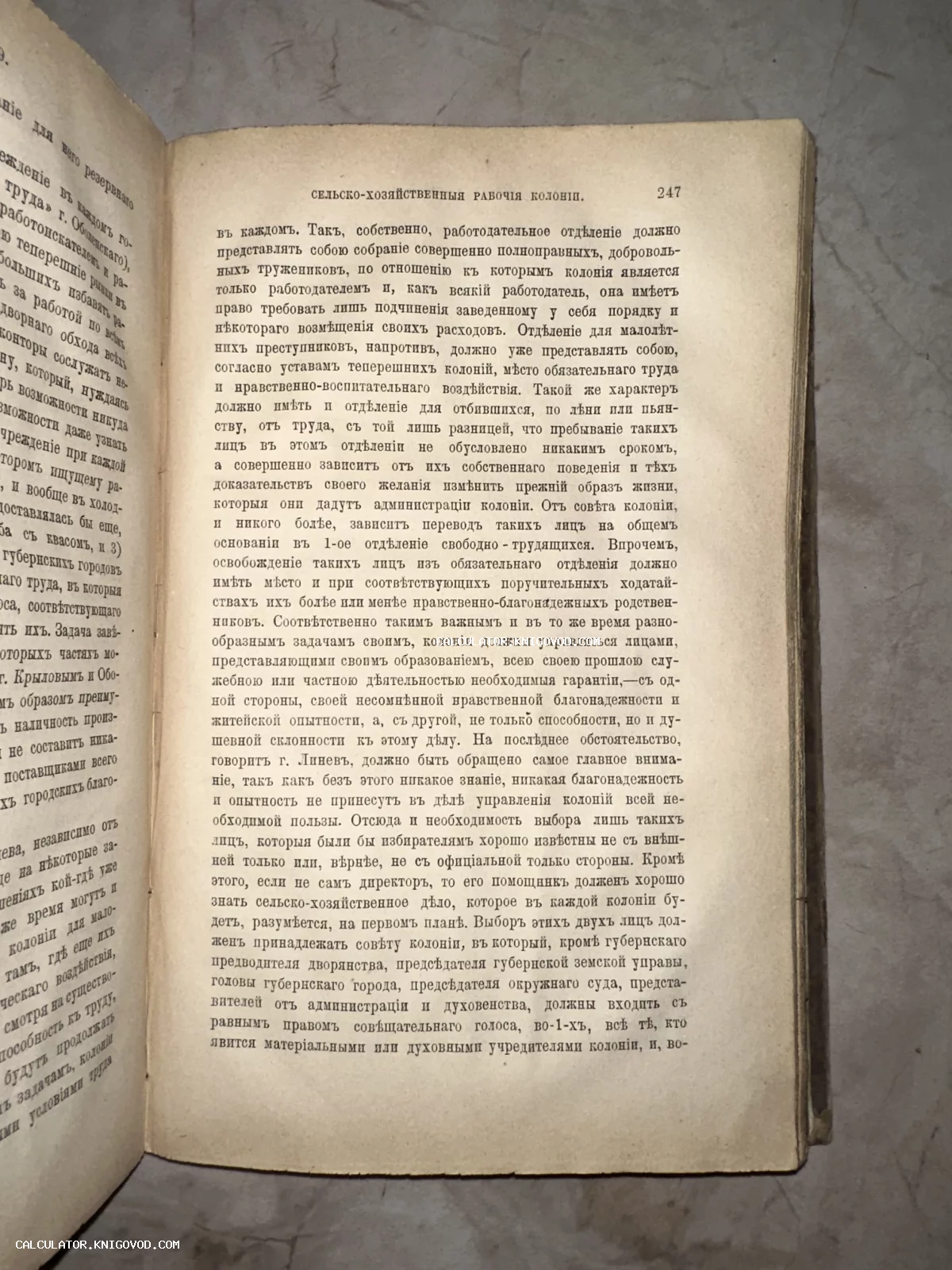 Разворот старой книги с текстом на дореволюционном русском языке о сельскохозяйственных рабочих колониях.