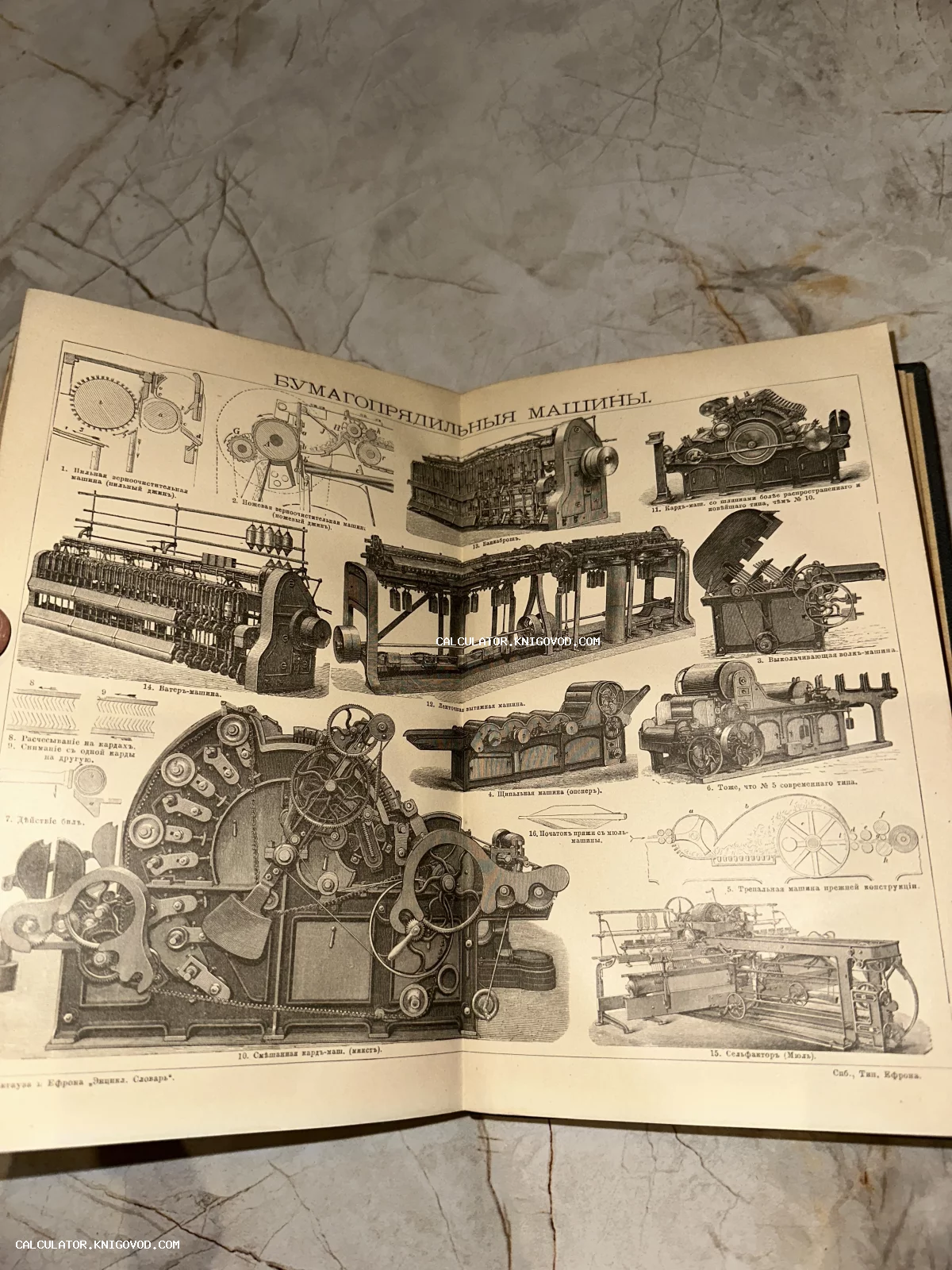 Разворот антикварной книги с черными детальными иллюстрациями промышленных станков конца XIX века.