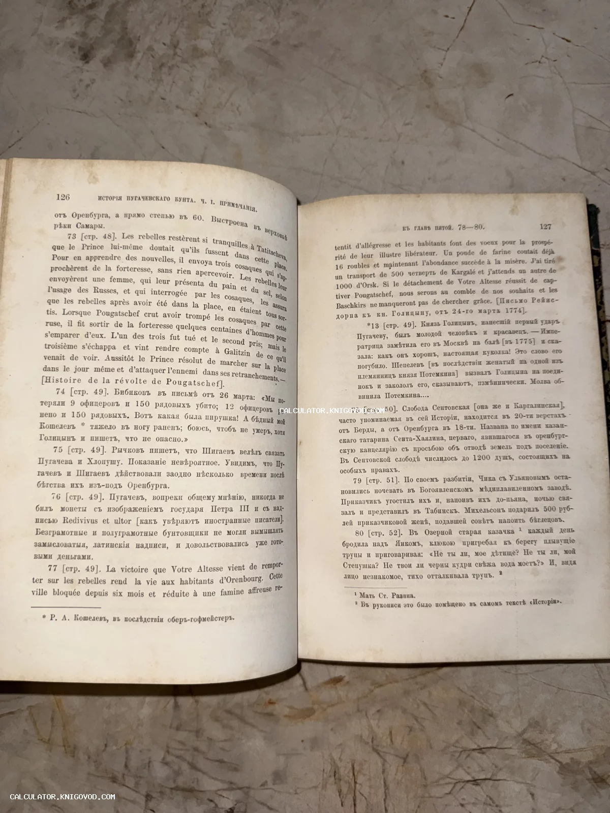Разворот антикварной книги с заголовком «История Пугачевского бунта. Ч. I. Примечания». Текст напечатан на русском и французском языках шрифтом XIX века.