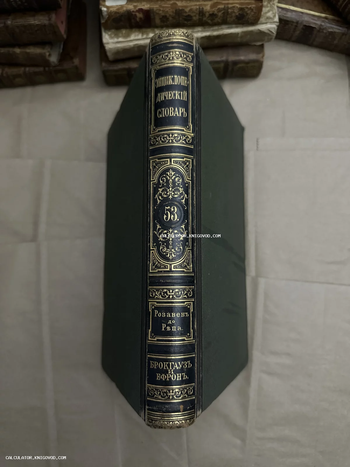 Корешок антикварной книги в темно-зеленом переплете с золотым тиснением и богатым орнаментом.