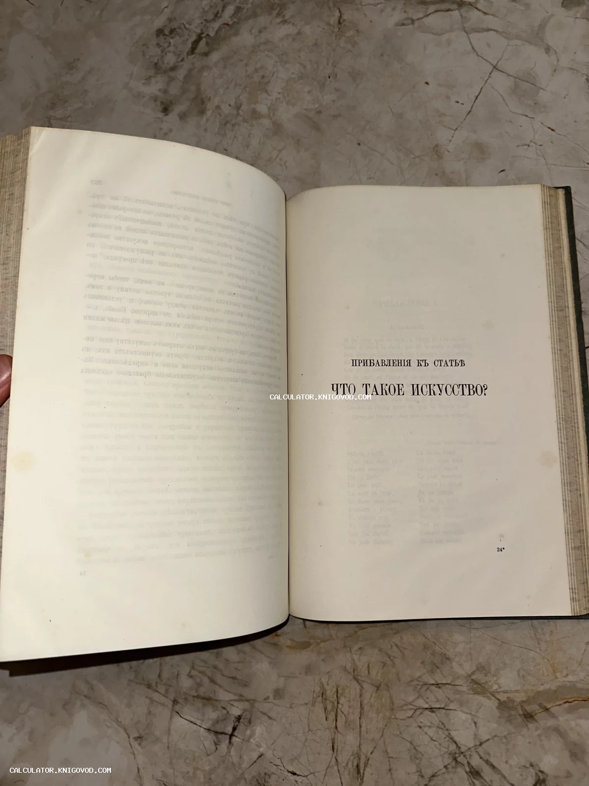 Разворот старинной книги с заголовком «Прибавления к статье Что такое искусство?» в дореволюционной орфографии.
