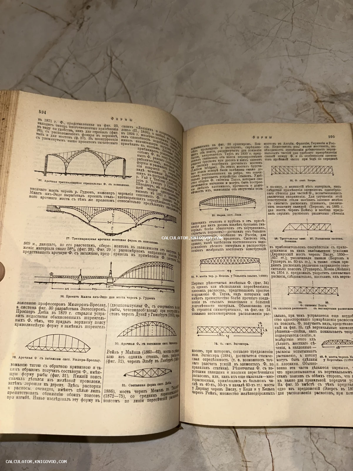 Разворот старинной книги с чертежами различных типов мостовых ферм и пояснительным текстом на дореволюционном русском языке.