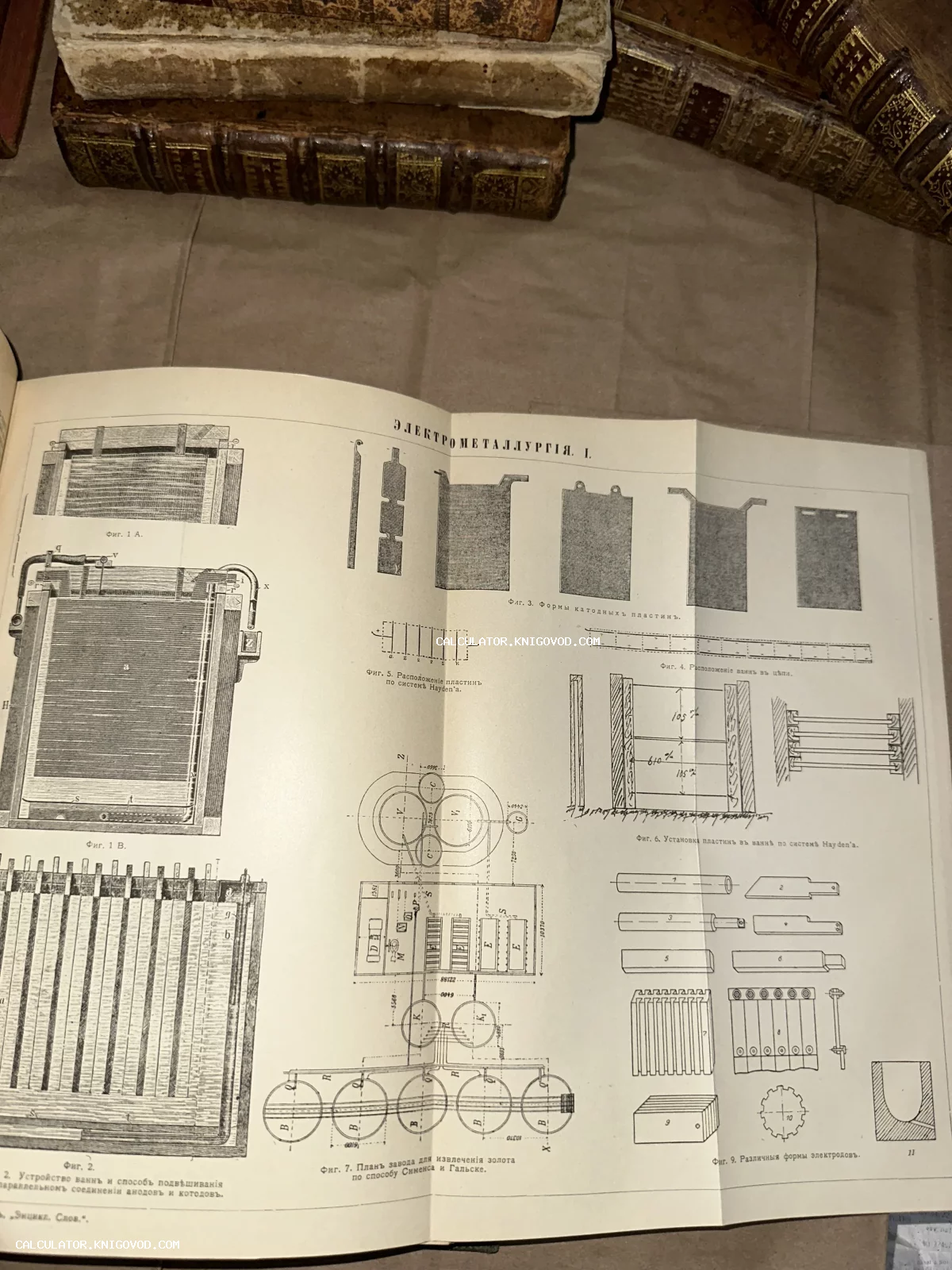Разворот старинной книги с техническими чертежами по электрометаллургии на фоне стопки кожаных переплетов.